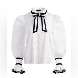 Alice + Olivia White Puff-Sleeve Blouse with Black Trim & Bow
